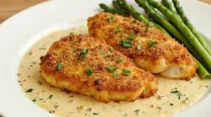 Crispy Parmesan Chicken with a Rich Garlic Sauce: A Restaurant-Quality Meal at Home